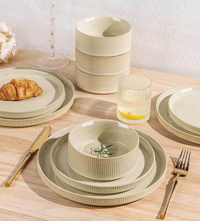 Ceramic Dinnerware Set for 4, 12-Piece Plates and Bowls Set | Lightweight Porcelain Dish Set, Scratch Resistant, Oven & Microwave & Dishwasher Safe, Cappuccino