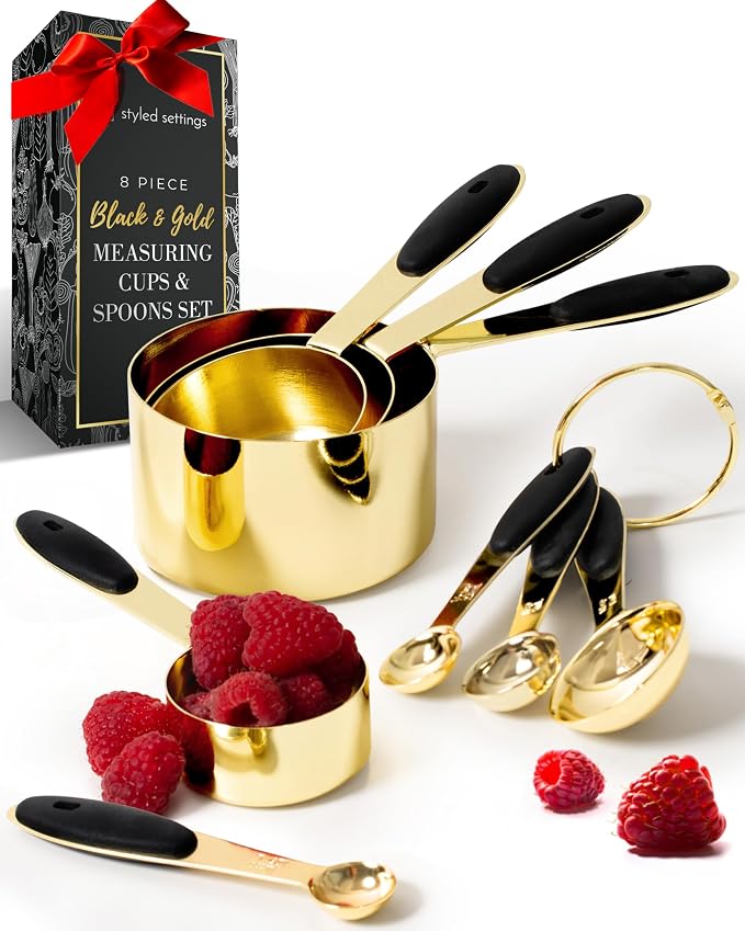 Styled Settings Black and Gold Measuring Cups and Spoons Set, 8-Piece | Stainless Steel, 8-Piece Brass Measuring Set with Beige Silicone, Stackable, Black and Gold Kitchen Accessories