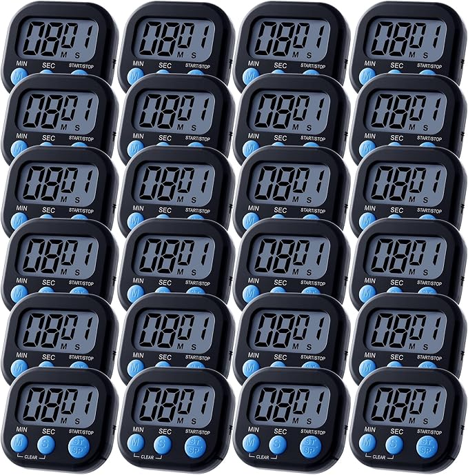Leumoi 24 Pack Multi-Function Digital Timers with Magnetic Back, Large LCD Display, Loud Alarm, Count up & Countdown, Memory Function for Cooking, Classroom, Study, Exercise & Work(Black and Blue)