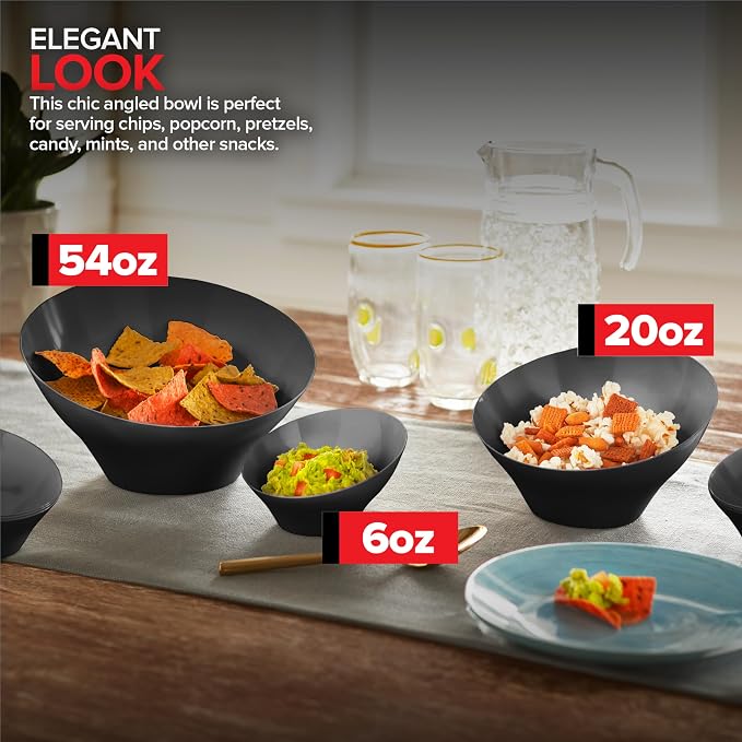 20oz Black Plastic Serving Bowls (4 Pack) Medium Disposable Snack Bowl Candy Dishes, Buffet Containers for Chips, Popcorn, Snacks, Mints, Salad Bar, Parties, Office Desk, Bridal Shower, Party Supplies