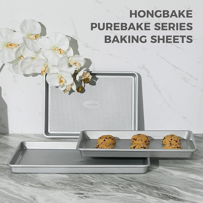 Naturally Non Toxic Baking Sheet Pan Set of 3, Heavy Duty Aluminized Steel Cookie Sheets, Half/Quarter/Jelly Roll Pans with Textured Nonstick Surface, Free of PTFE & PFOA
