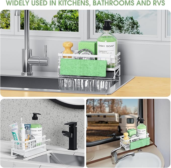 Kitchen Sink Caddy, Rustproof Self-Draining Sponge Holder, White | Metal Kitchen Caddy Sink Organizer, Detachable Dish Cloth Holder, Non-Slip Base, Kitchen Countertop Storage Accessories