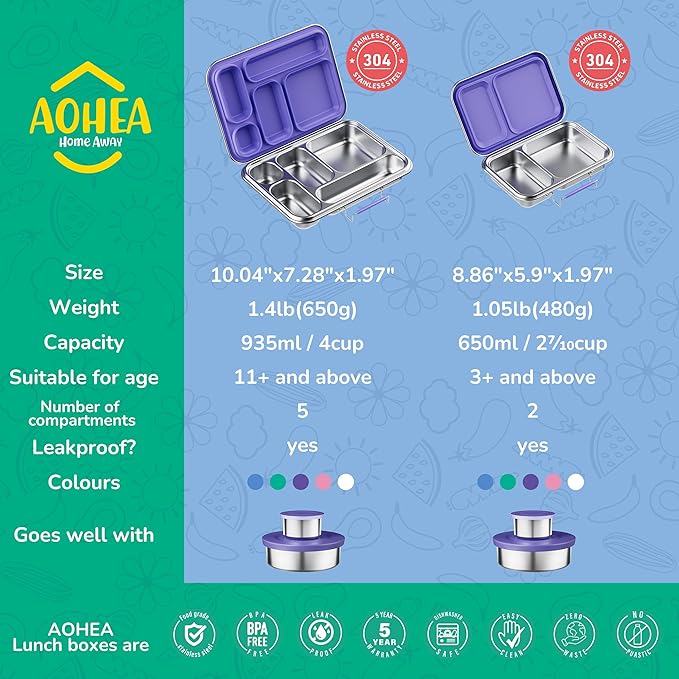 Stainless Steel Bento Box Kids, Kids Metal Bento Lunch Box BPA Free Lunch Box Containers 304 Stainless Steel Bento Box for School and Office(Purple)