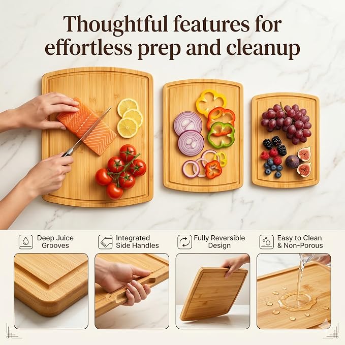 Bamboo Cutting Boards for Kitchen, Non Toxic Wooden Chopping Board Meat Set | Deep Juice Groove, Knife-Friendly, Reversible Butcher Block, Side Handles, Serving, Food Prep, Vegetable, Fruit, Meat, Cheese