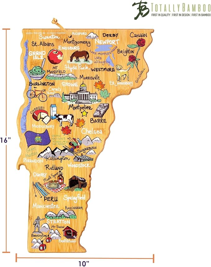 Totally Bamboo Vermont State Shaped Cutting Board, Art by Fish Kiss | State charcuterie board with colorful hand-drawn map artwork. Smooth reverse side for food prep. Hang tie for wall display.