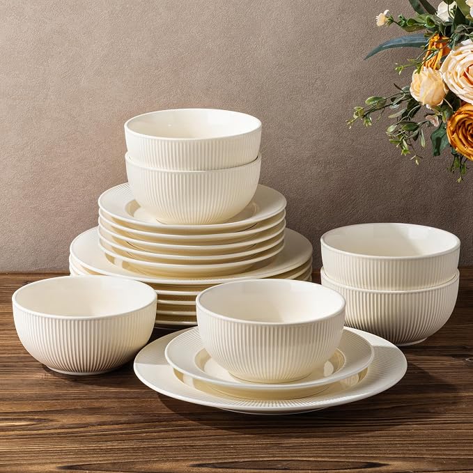 Ceramic Dinnerware Set for 6, 18-Piece Plates and Bowls Set | Lightweight Porcelain Dish Set, Scratch Resistant, Oven & Microwave & Dishwasher Safe, Ivory