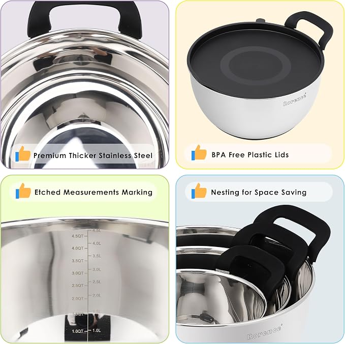 Stainless Steel Mixing Bowls: Stackable Mixing Bowl Set with Lids and Handles Non-slip Silicone Bottom Nesting Bowls for Kitchen Set of 3 - Black
