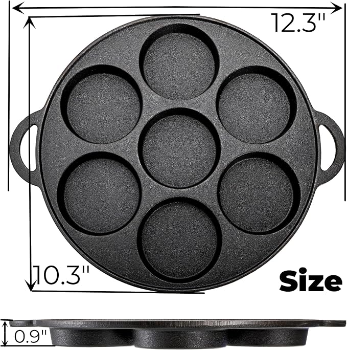 Hiceeden Cast Iron Muffin Pan, 7 Impressions Biscuit Pan with Handle, Pancake Mini Cake Pan with Spreader and Shovel for Baking Dessert, Cupcake