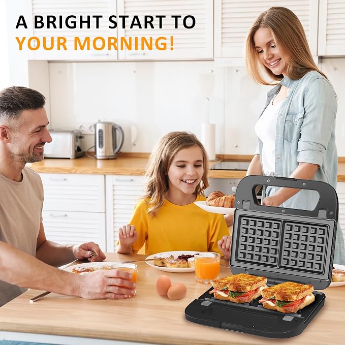 3 in 1 Electric Sandwich Maker with Removable Nonstick Plates - 750W,Black | for Belgian Waffle/Panini/Grill/Pancake Griddle/Breakfast,Dishwasher Safe,Cool Touch Handle,Easy to Clean & Store