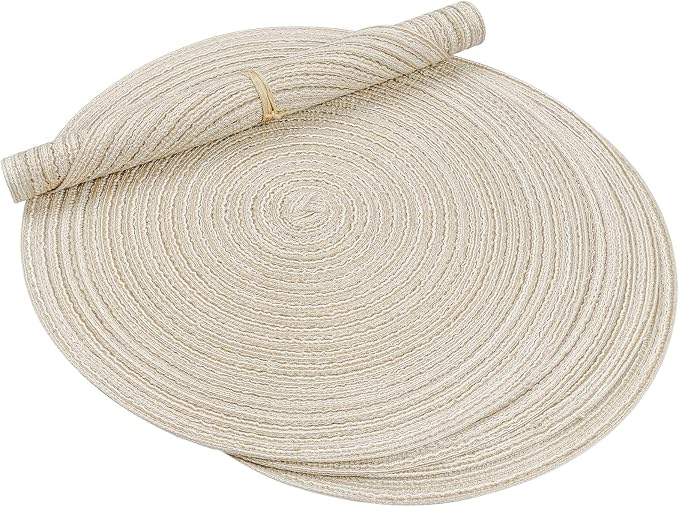 Topotdor 14 Inch Round Placemats Heat-Resistant Stain Resistant Anti-Skid Washable Polyproplene Table Mats Placemats (Beige, Set of 4)