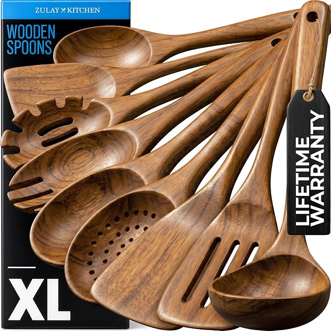 Zulay Kitchen 9-Piece Teak Wood Cooking Utensil Set – Non-Toxic & Non-Stick Safe Wooden Spoons & Kitchen Tools with Comfortable Grip, Smooth Finish Natural Teak – Perfect Kitchen Gift Set