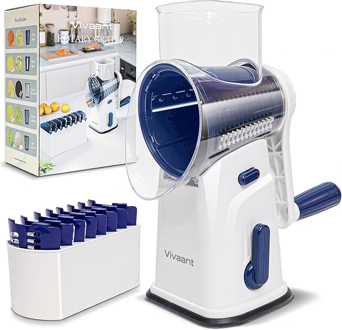 Rotary Cheese Grater Hand Crank, 5 Blade Shredder with Suction Base | Suction Base Locks to Counter, Stainless Blades, Hand Held Cheese Grinder with Handle for Veggies, Nuts & Hard Cheese