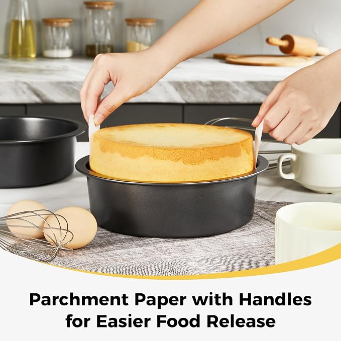 6 Inch Round Cake Pan Set for Baking with Healthy Parchment Paper, Nonstick Deeper Circle Cake Pans with Wider Grips, 3 Pieces Premium Layer Cake Tin, Cheesecake Mold, Huty Duty - Grey