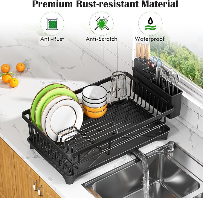 Kmiectse Dish Drying Rack for Small Kitchen Counter with Utensil Holder | Space Saving, Rust Resistant, Quick Drainage Dish Rack, Compact Dish Drainer Organizer for Home Kitchen, Black