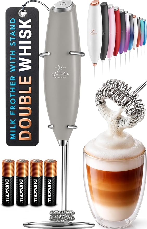 Zulay Kitchen Powerful Milk Frother Wand With Duracell Batteries - Ultra Fast Handheld Drink Mixer - Electric Whisk Foam Maker for Coffee, Lattes, Cappuccino & Matcha - Double Whisk - Gray