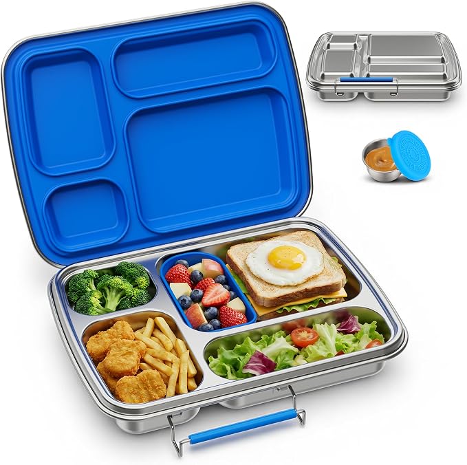 Stainless Steel Bento Lunch Box for Kids & Adults, 4 Compartment Kids Lunch Box, Metal Bento Box with Silicone Container and Stainless Steel Sauce Container,BPA-Free,School,Office(Blue)