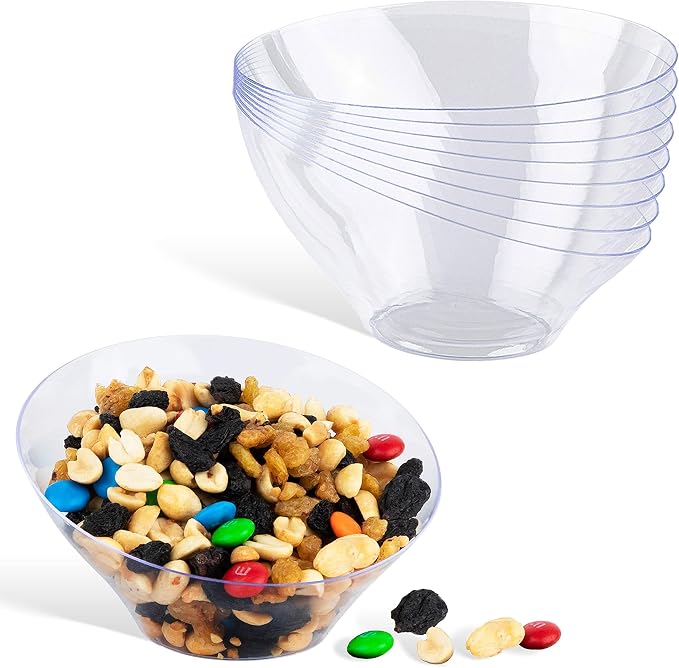6oz Clear Plastic Serving Bowls (8 Pack) Small Disposable Candy Dishes, Buffet Containers for Chips, Popcorn, Snacks, Mints, Salad Bar, Snack Bowl, Parties, Office Desk, Bridal Shower, Party Supplies
