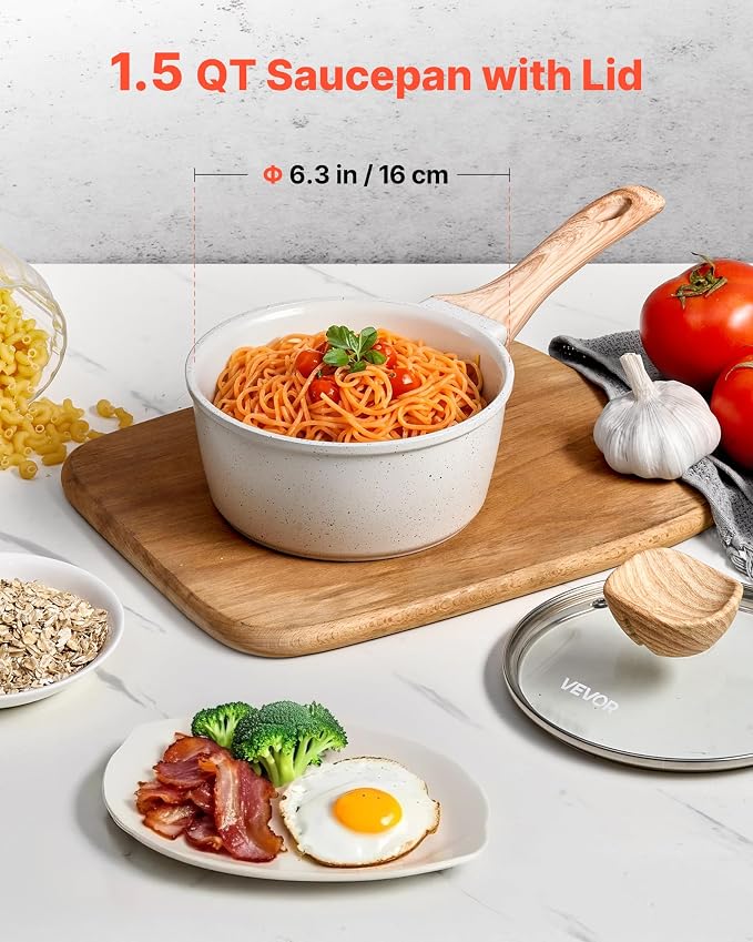 VEVOR 1.5 QT Saucepan, Nonstick Saucepan with Tempered Glass Lid, Multipurpose Cooking Sauce Pot with Detachable Handle, Sauce Pan Small Kitchen Cooking Pot with Coating, Induction Compatible, White