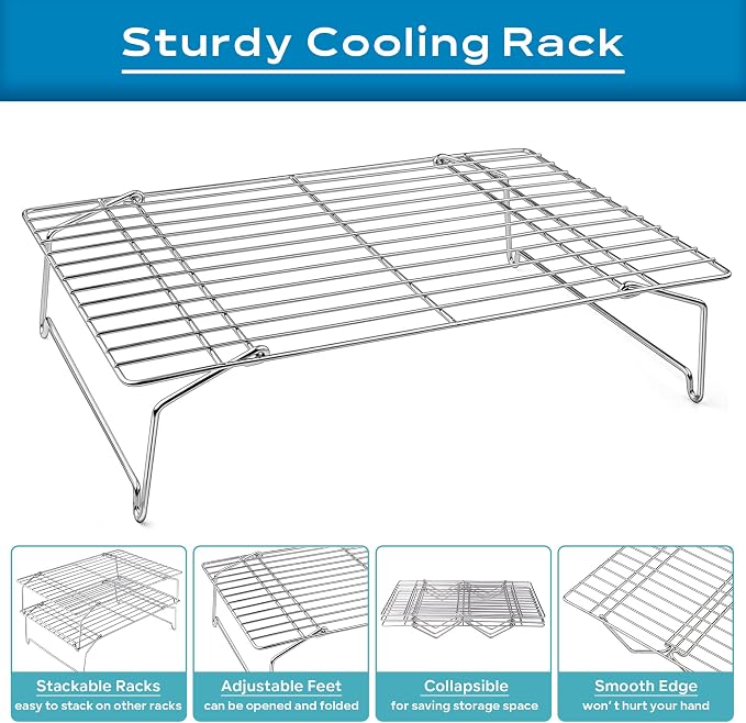 Leonyo 2-Tier 15x10IN Cookie Cooling Rack for Cooking Stackable Collapsible | Stainless Steel Cookie Cooling Racks For Cooking Baking, Wire Cookies Rack for Drying Pizza with Raised Legs, Dishwasher Safe