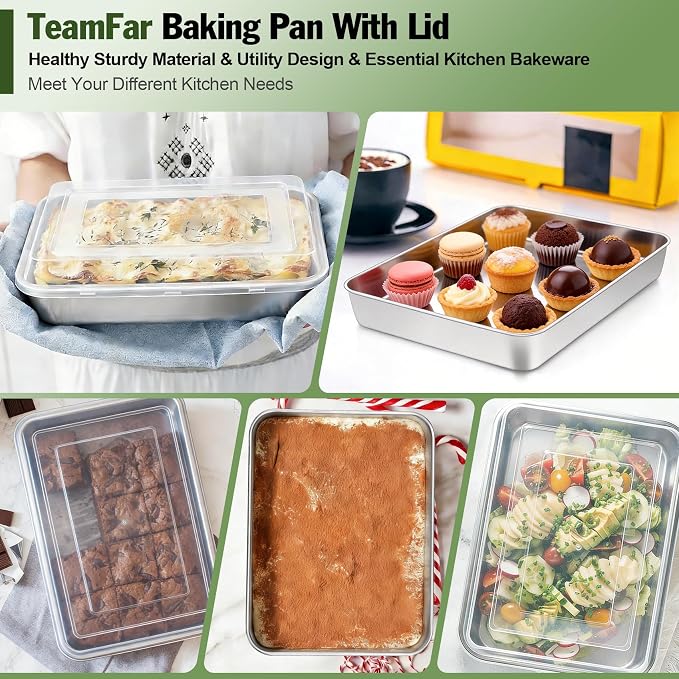 TeamFar Baking Pan with Lid, 10.5" x 8" Rectangule Cake Pan- 1Pan +1 Lid | Stainless Steel Lasagna Pan with Cover for Cake Brownie Casseroles, Birthday Party Outdoor, Healthy, Oven & Dishwasher Safe
