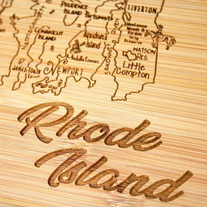 Totally Bamboo A Slice of Life Rhode Island Engraved Map Cutting Board | 11” x 8.75” charcuterie board with engraved state map artwork. Smooth reverse side for food prep. Hang tie for wall display.