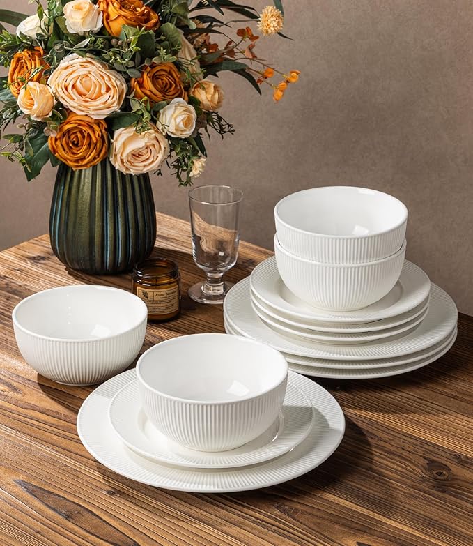Ceramic Dinnerware Set for 4, 12-Piece Plates and Bowls Set | Lightweight Porcelain Dish Set, Scratch Resistant, Oven & Microwave & Dishwasher Safe, Bright White