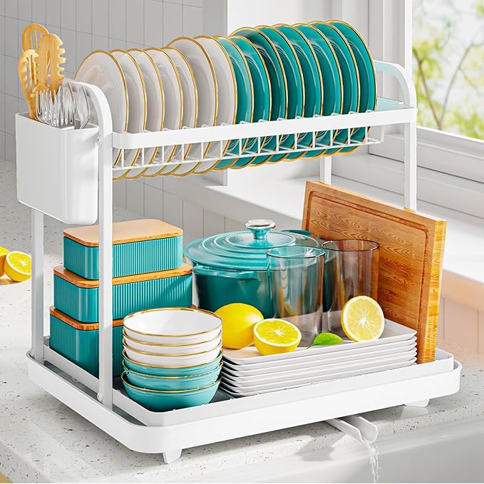 Sakugi Dish Drying Rack 2-Tier 15: x11.4" x15" White Double Rod | Kitchen, Sink Counter, Stainless Steel, Counter Top, Utensil Holders, Cutlery Holder, for Small Family, Easy to Clean