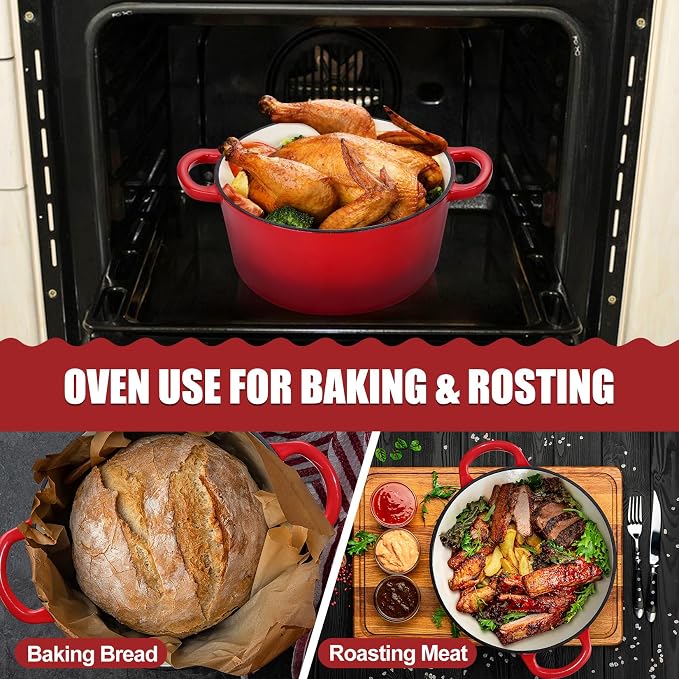 P&P CHEF 2 In 1 Red Dutch Oven Pot with Lid for Bread Baking, 5Qt | Cast Iron Bread Dutch Oven, Skillet & Pot for Roasting Braising Stewing Frying Simmering, Multi Stoves & Oven Safe