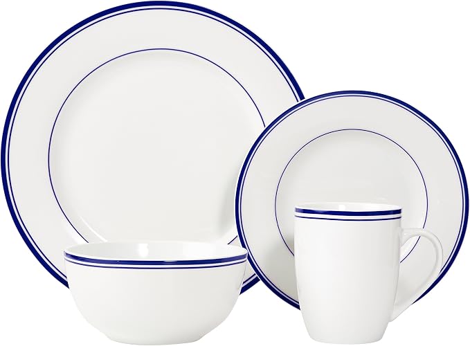 Amazon Basics 16-Piece Cafe Stripe Dinnerware Set, Microwave and Dishwasher Safe, Plates, Bowls, Mugs, Service for 4, Blue