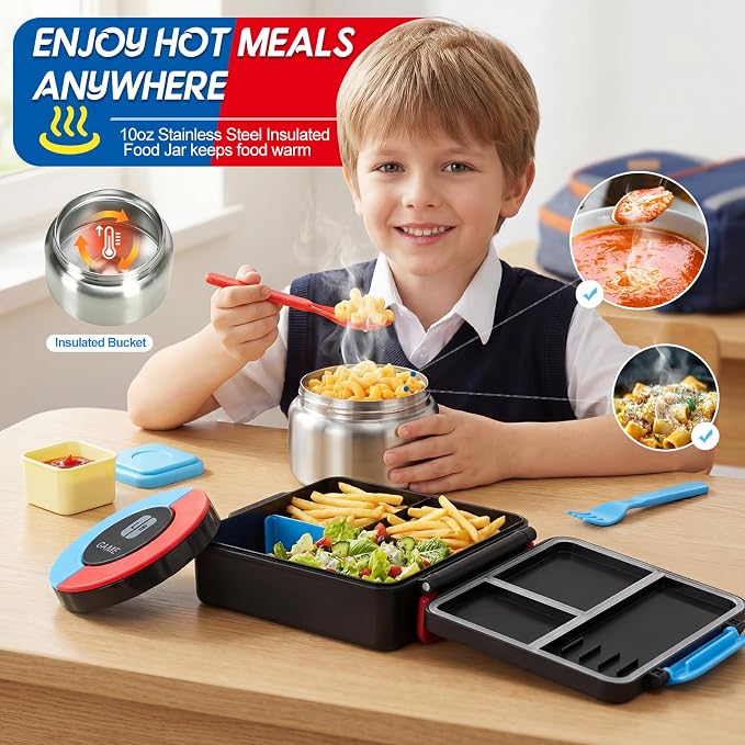 Bento Lunch Box for boys,60 OZ Insulated Bento Lunch Box with 8OZ Leakproof Insulated Food Jar, 3-4 Compartments Bento Box for School, BPA-Free Dishwasher Safe