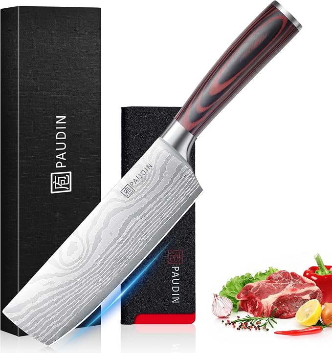 PAUDIN Nakiri Knife - 7" Razor Sharp Meat Cleaver and Vegetable Kitchen Knife, High Carbon Stainless Steel, Multipurpose Asian Chef Knife for Home and Kitchen with Ergonomic Handle