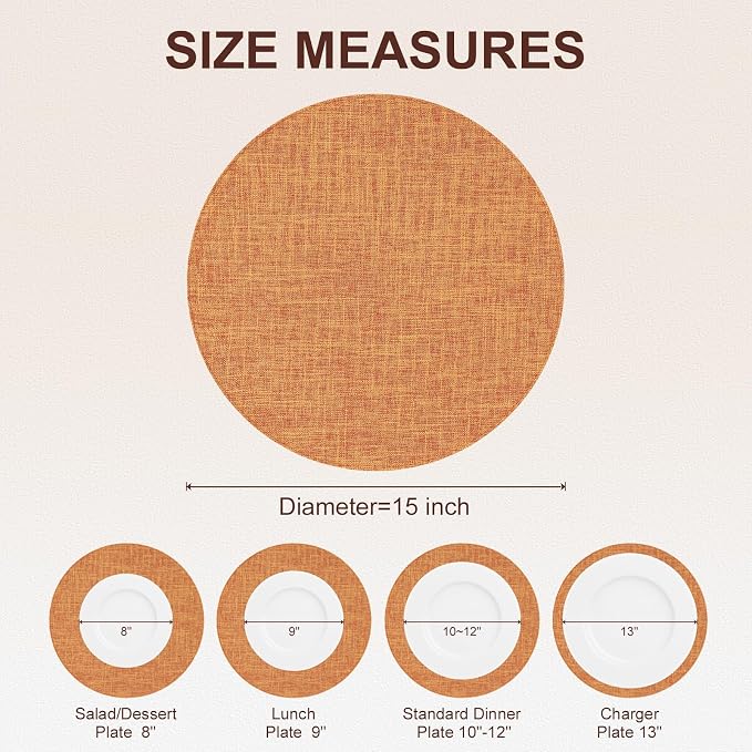Cotton Linen 15 Inch Round Cloth Place mats, Set of 6, Orange | Washable Table Mats, Heat Resistant, Reversible, Wipeable Place Mats for Indoor Outdoor