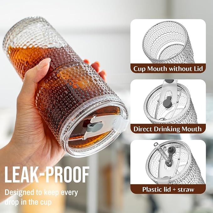SoulTimes 20oz Hobnail Glass Tumbler with Bamboo Lids and Straws - Iced Coffee Glass Cups for Smoothie, Matcha, Juice, Water etc. Leakproof and Reusable Glassware Drinking for Travel To Go [4 Pcs]
