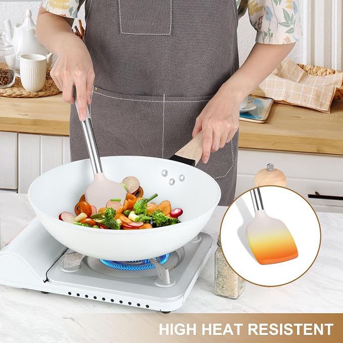 LIANYU 15 Pcs Cooking Utensils Set, Silicone Kitchen Tools with Holder | Heat Resistant, Kitchen Gadgets with Stainless Steel Handle, Brush Spatula Spoon Whisk for Cookware, Dishwasher Safe, Khaki