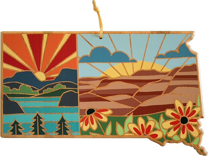 Totally Bamboo South Dakota State Shaped Cutting Board, Summer Stokes Art | State charcuterie board with colorful hand-drawn landscape art. Smooth reverse side for food prep. Hang tie for wall display.