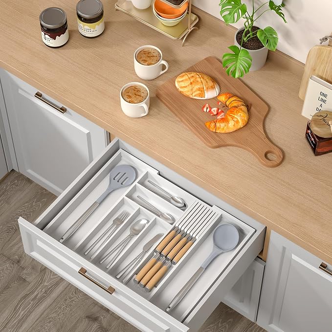 Expandable Bamboo Silverware Drawer Organizer Kitchen Tray, White | Removable Knife Block, Holds 7 Knives, Adjustable Dividers, 12.6-21.45 x 16.3 x 2.13 in, Drawer Insert for Utensils, Forks