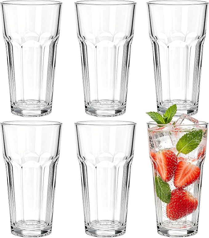 Mapoxy 16oz Highball Glasses Set of 6, Thick Lead-Free Glass Tumblers | Clear Drinking Glasses with Heavy Base for Water, Juice, Beer, Cocktails, Dishwasher Safe Bar Glassware, Ideal Gifts