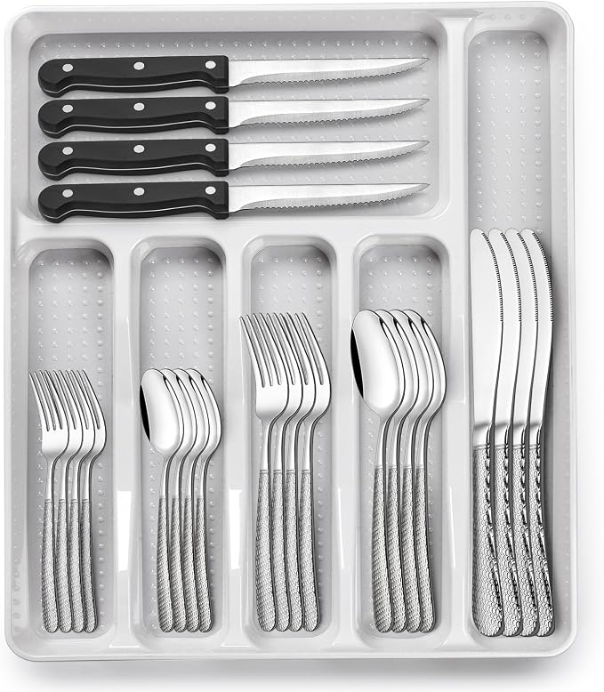 49-Piece Hammered Silverware Set with Organizer, Food-Grade Stainless Steel Flatware for 8, Cutlery Utensil Sets with Steak Knives, Rust-proof, Mirror Polished, Dishwasher Safe, Round Hammered