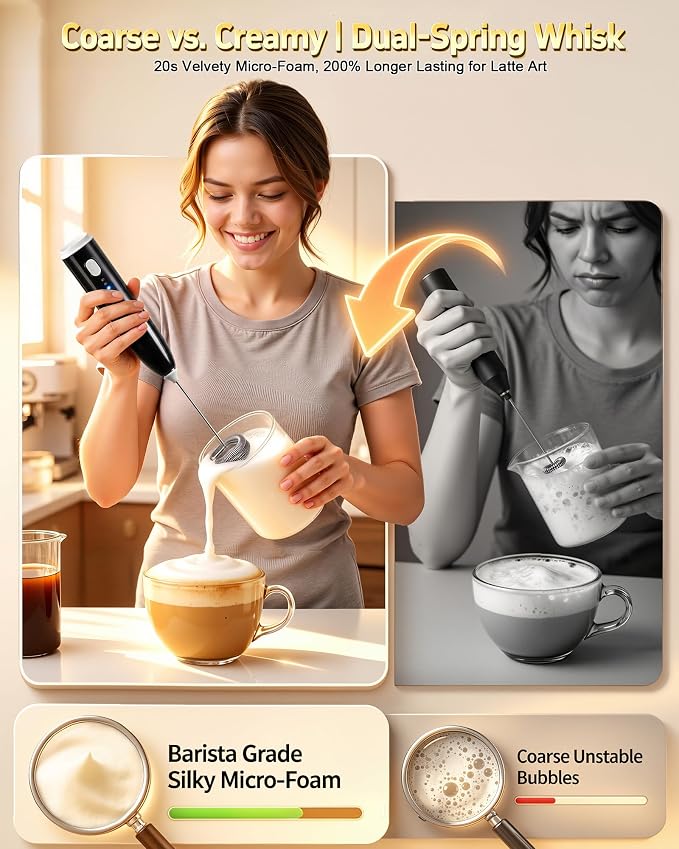 Milk Frother Handheld,Portable Electric Drink Mixer&Wand,Egg Whisk-Black | USB C Rechargeable | 3 Detachable Whisks | 3 Adjustable Speeds | Quiet Operation | For Coffee, Latte, Matcha,protein powder