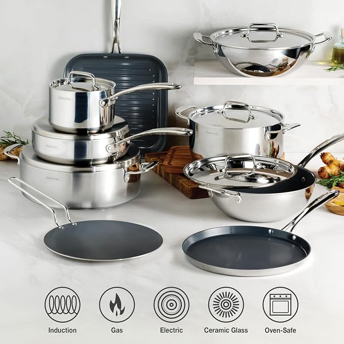 Tramontina Utsava Tri-Ply Clad Stainless Steel 3.25-Qt Casserole with Lid | Ceramic Non Stick Interior, Induction-Ready Small Dutch Oven Pot