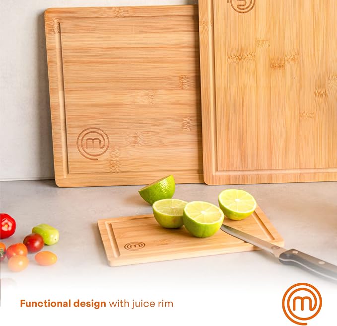 MasterChef Wooden Cutting Boards for Kitchen, Bamboo Cutting Board Set of 3 | Reversible Large, Medium & Small Wooden Chopping Boards with Juice Grooves, Natural, Organic & Sustainable Wood, Food Safe