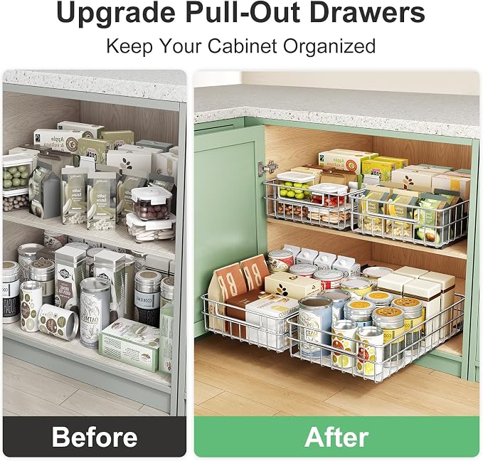 Pull out Cabinet Organizer, Stainless Steel 4-Pack (9.8"W x 16.5"D) Full-Extension Slide out Drawer, Adhesive Roll out Can Spice Storage Basket Shelf Rack for Pantry, Kitchen, Bathroom, Home Closet