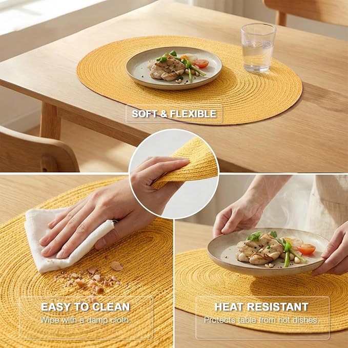 Placemats Set of 8, Woven Oval Braided Dining Table Mats(Mustard Yellow) | 12 x 17.5 Inch Size Fits Plates and Flatware; Hand Washable and Heat Resistant for Kitchen Use, with Farmhouse and Boho Style