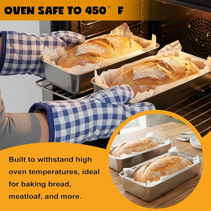 Large Loaf Pans, 12 x 5 Inch Stainless Steel Loaf Pans for Baking | 2 Pack Bread Pans Tins w/ Parchment, Bread Loaf Baking Pan for Meatloaf, Cake, Brownies, Non Toxic, Oven & Dishwasher Safe