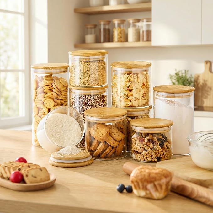 32 oz Round Glass Food Storage Containers with Airtight Bamboo Lids, 4 Pack | Stackable Pantry Jar for Flour, Sugar & Rice, Durable Borosilicate Glass Canister Keep Food Dry & Fresh, Easy to Fill & Clean