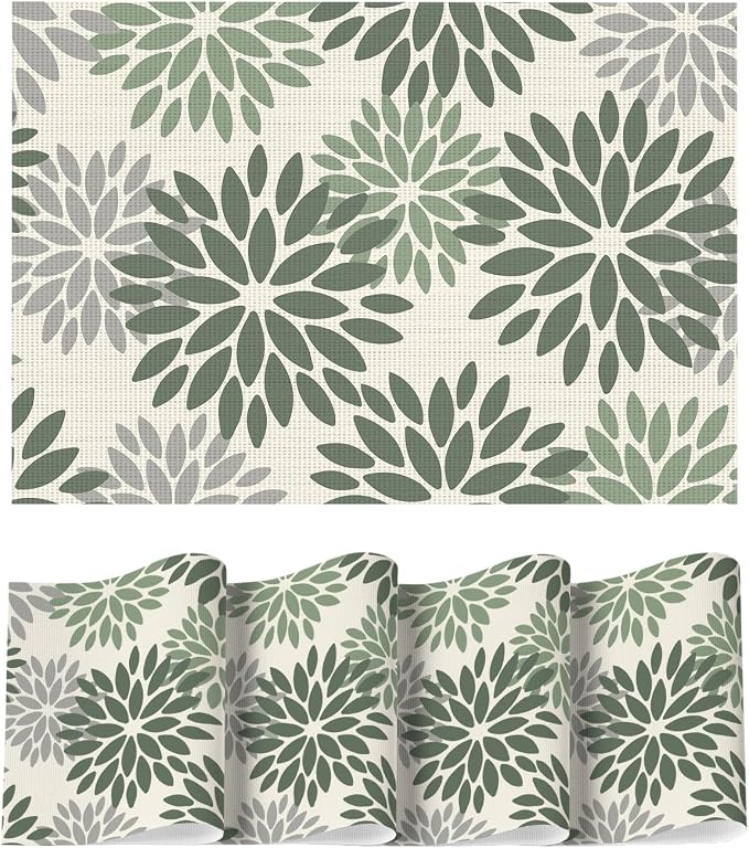 Artoid Mode Floral Vinyl Placemats Set of 4, 12x18 Inch Thanksgiving Washable Non-Slip Plastic Vinyl Place Mats for Party Kitchen Dining Decor, Olive Green