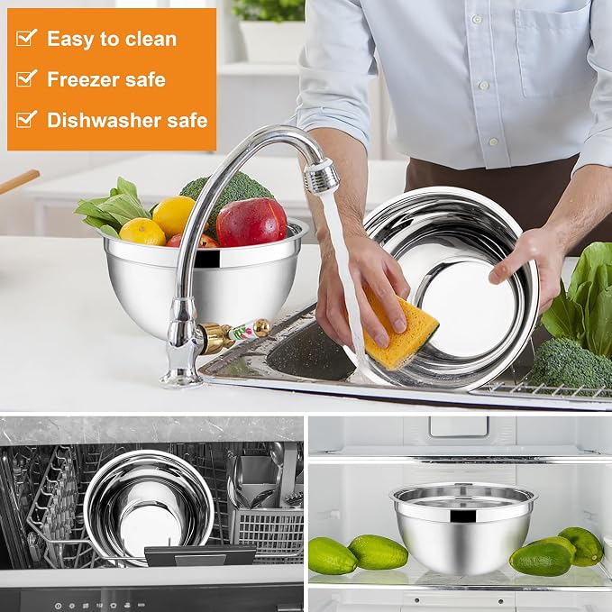 E-far Mixing Bowls with Lids, 6-Piece Stainless Steel Salad Bowls Metal Nesting Bowls for Baking Cooking and Prepping, Airtight Lids & Stackable Design, Size 4.5, 3, 1.5 QT (Colorful)