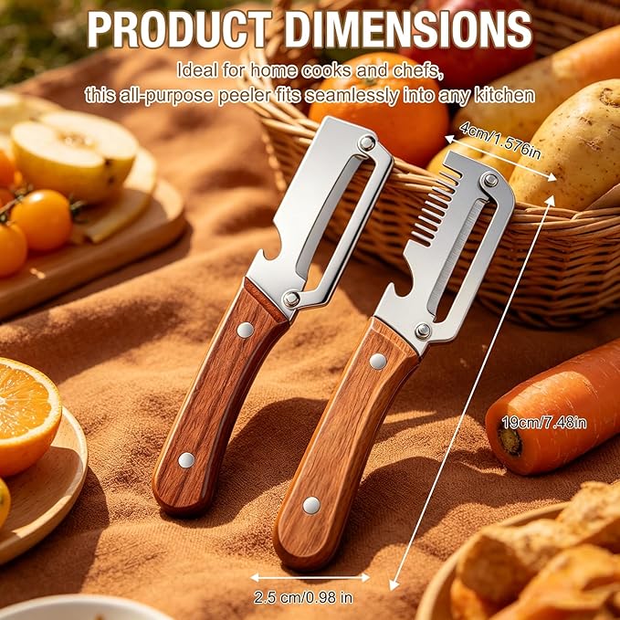 Multifunctional Vegetable Peeler 3-in-1, Julienne Peeler, Fruit Peeler Knife with Ergonomic Wood Handle, Stainless Steel Blade for Efficient Peeling, Grating & Slicing（2PCS)