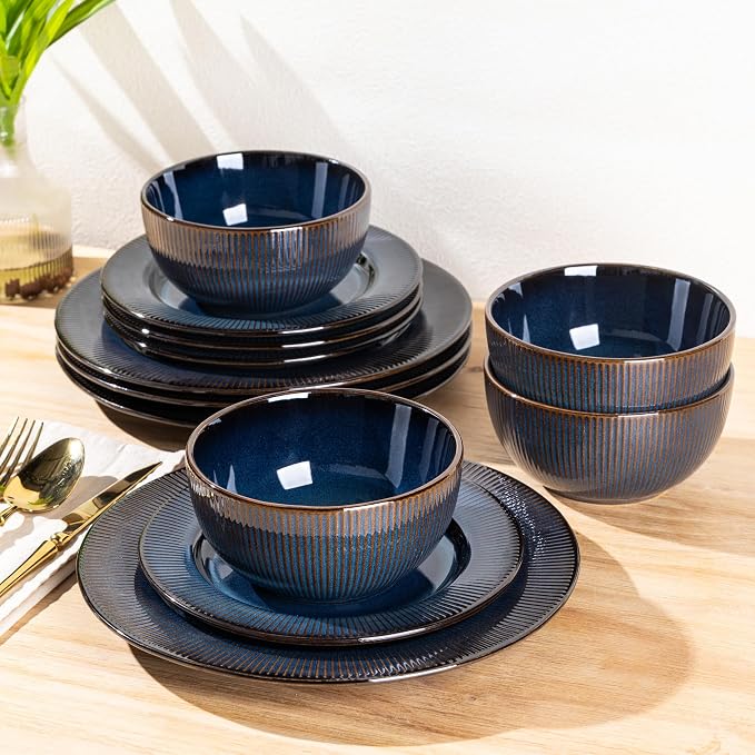 GBHOME Ceramic Dinnerware Sets of 4,12 pcs Plates and Bowls Sets Dishes | Embossed Elegant Stoneware Dishes Set | Dishwasher & Microwave Safe | Service for 4