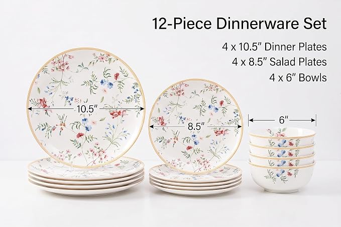 FHGNYSM Dinnerware Set for 4 (English Garden Style) | 12-Piece Porcelain Lightweight Plates and Bowls Sets , Kitchen Dinner Set with Whisper of Golden Banding